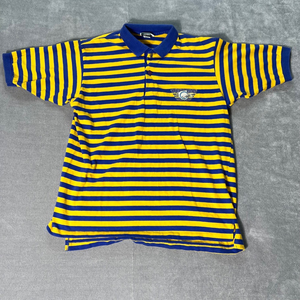 Vintage Izod‎ Lacoste Polo Shirt Blue Yellow Striped USA Made Boys Large 16-18